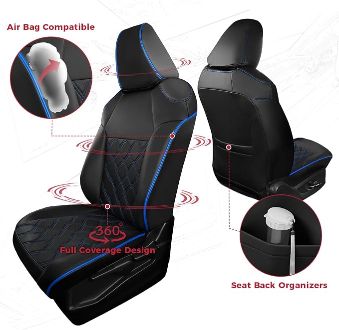 FREESOO for Toyota Corolla Seat Covers L LE 2020 2021 2022, Luxury Leather Seat Covers for Cars, Custom Fit Car Seat Covers, Waterproof Car Seat Cover Cushions Protector, Black Blue Full Set