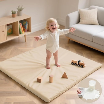 Baby Play Mat 50x50 Inches,1.3" Thick Padded Waterproof Floor Cushion & Playpen Mat with Vegan Leather,Non-Slip & Non-Toxic Nursery Rug for Infants, Toddlers & Kids(Beige)