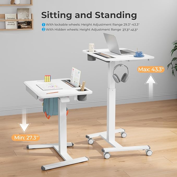 Mobile Standing Desk with Drawer, Portable Laptop Cart on Wheels, Height