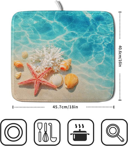 Giwawa Coastal Starfish Dish Drying Mat 16"x18" Ocean Blue Sea Coral Seashell