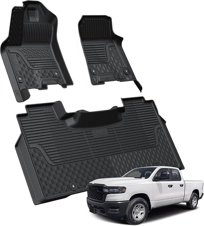 LASFIT Floor Mats for Ram 1500 Crew Cab 2025 2026 with Rear Under-Seat Factory Storage Bucket Seat, All Weather TPE Custom Fit Car Mats Floor Liners 1st & 2nd Row, Black