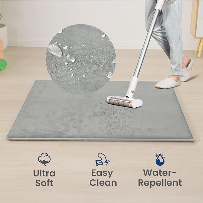 Baby Play Mat for Floor,1.3" Thick Elasti-Foam 50"×50" Playpen Mat for Tummy Time,Water Repellent Soft Coral Velvet for Toddler,Infant,Kids,Non-Slip Backing Safe for Crawling(Light Grey)