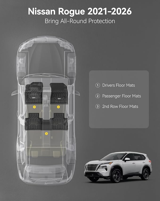3W Floor Mats for 2021-2025 2026 Nissan Rogue Custom Fit TPE All Weather Rogue Floor Liner Full Set 1st & 2nd Row Car Mats - Black (NOT for Sport)