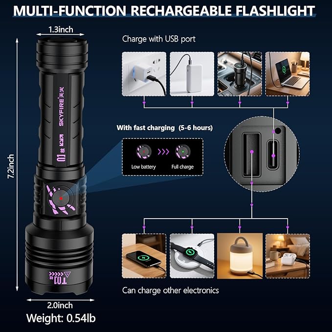SKYFIRE Rechargeable Flashlights High Lumens: LED Super Bright Flashlight Zoomable with 5 Modes IPX6 Waterproof Handheld Powerful Flash Light for Camping,Emergenciesr,Home&Gifts（with Ignition Lens）