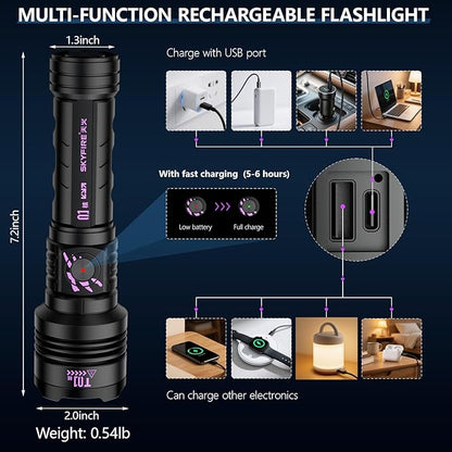 SKYFIRE Rechargeable Flashlights High Lumens: LED Super Bright Flashlight Zoomable with 5 Modes IPX6 Waterproof Handheld Powerful Flash Light for Camping,Emergenciesr,Home&Gifts（with Ignition Lens）