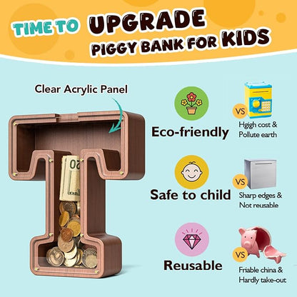 Summidate Wooden Letter Piggy Bank, Extra Thick Large Capacity Piggy Bank for Kids Boys Girls Toddler, Alphabet T Money Bank| Coin Box Birthday, Christmas, Festival