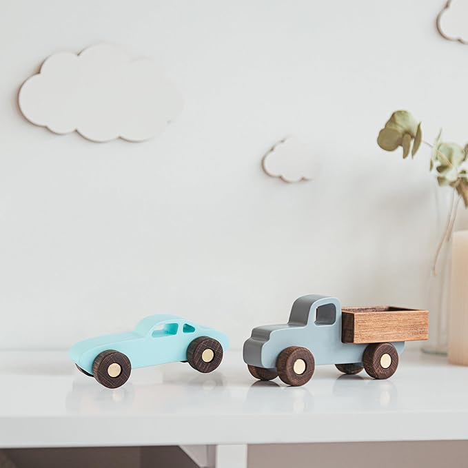 BUSY PUZZLE Colorful Wooden Toy Cars Set 2-Pack Truck and Car Durable Wooden Vehicles for Kids Montessori-Inspired Gift for Toddlers