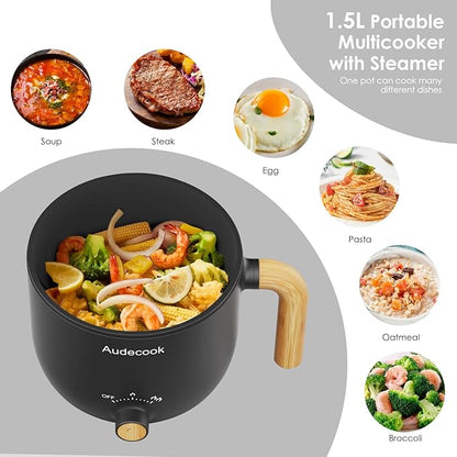 Audecook Hot Pot Electric with Steamer, 1.5L Portable Nonstick Rapid Noodles