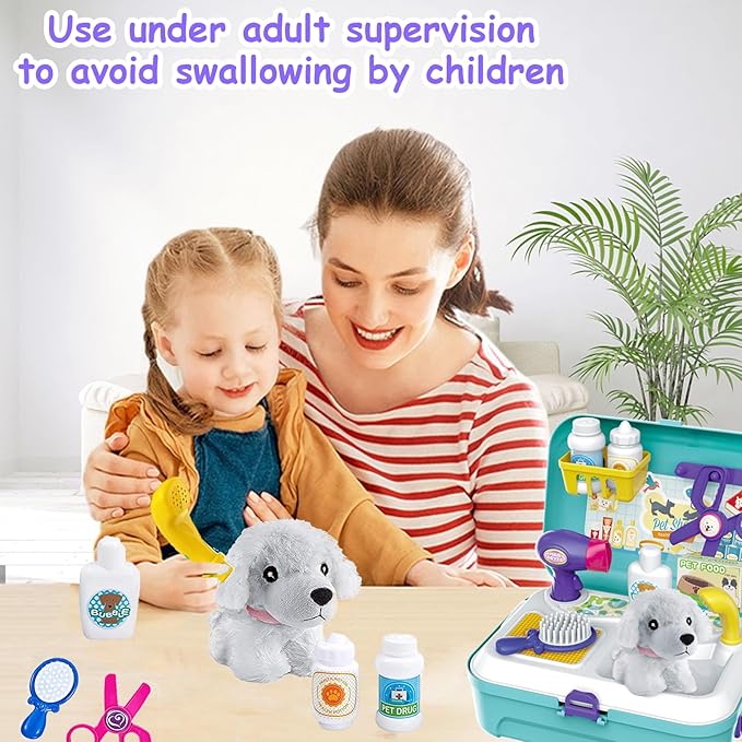TEUVO Pet Care Play Set Doctor Kit for Kids, 16 Pcs Doctor Pretend Play Vet Dog Grooming Toys Puppy Dog Carrier Feeding Dog Backpack Gifts for Girls Boys 3-7 Years Old