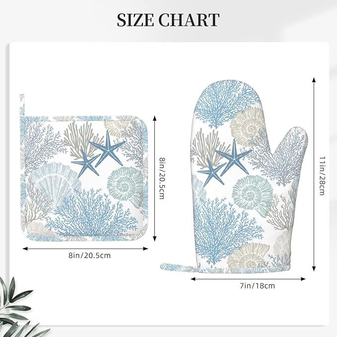 Nautical Coastal Oven Mitts and Pot Holders Sets Silicone Starfish Seashell
