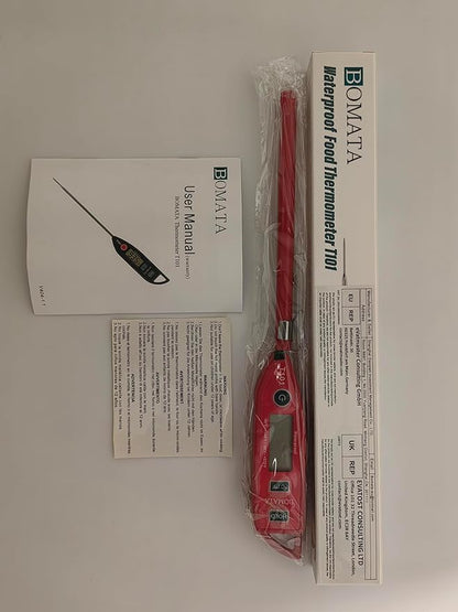 BOMATA Waterproof IPX7 Thermometer for Water, Liquid, Candle and Cooking. Instant Read Food Thermometer with Long Probe for Cooking, Meat, BBQ! T101 (Red Color)………