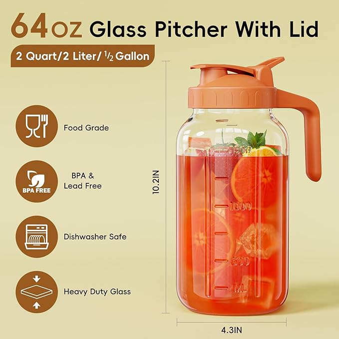 Glass Mason Jar Pitcher, 64 oz Wide Mouth Jug