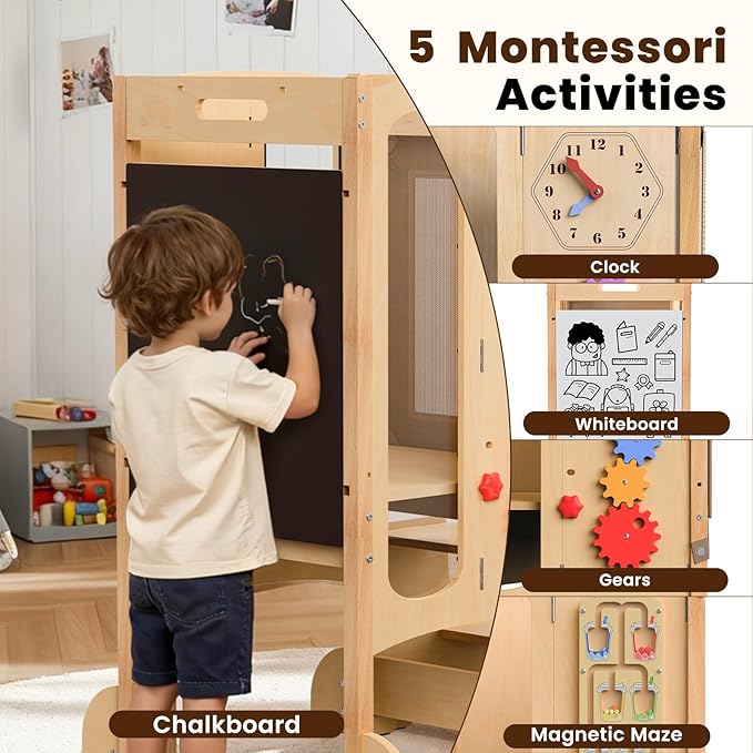 Toddler Tower Foldable Toddler Kitchen Stool Helper with 2 Step Stool, Safety Net, Adjustable Height, Chalk-Whiteboard& Montessori Activity