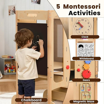 Toddler Tower Foldable Toddler Kitchen Stool Helper with 2 Step Stool, Safety Net, Adjustable Height, Chalk-Whiteboard& Montessori Activity
