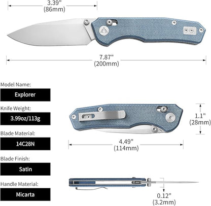 CMB Explorer Micarta Handle 14C28N Steel Blade Crossbar Lock Knife Pocket Folding Tactical Survival Camping Hiking Outdoors EDC Knife with Pocket Clip for Men Women CMB-18 (CMB-18D)