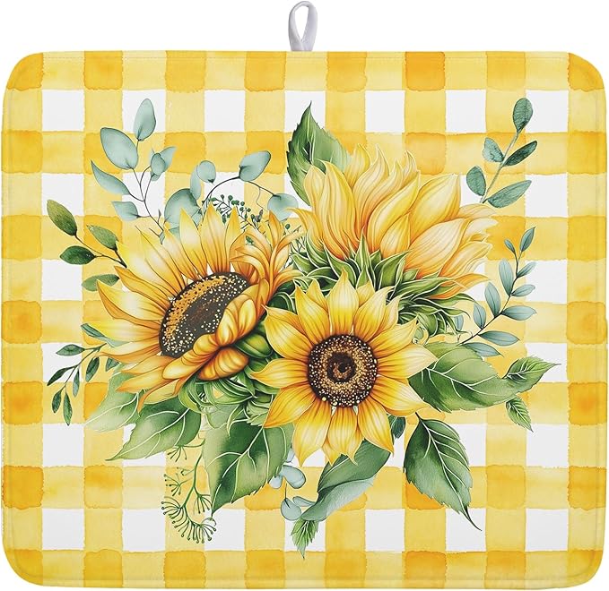 Spring Summer Dish Drying Mat 16x18 Inch Absorbent Reversible Sunflower Drying