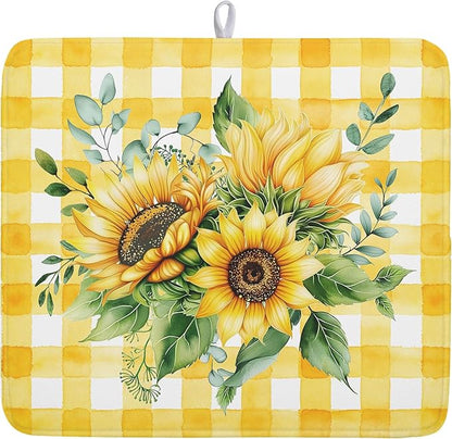 Spring Summer Dish Drying Mat 16x18 Inch Absorbent Reversible Sunflower Drying