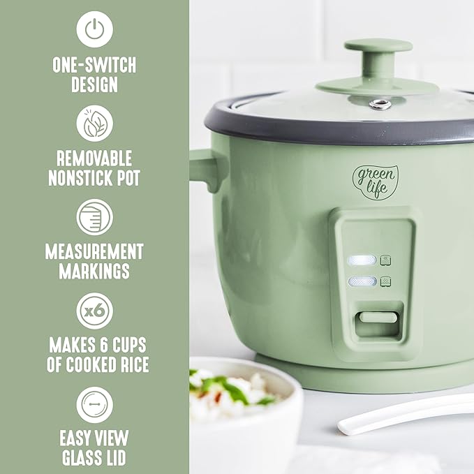 GreenLife Rice Cooker with Removable PFAS-Free Ceramic Nonstick Pot, 3-Cups