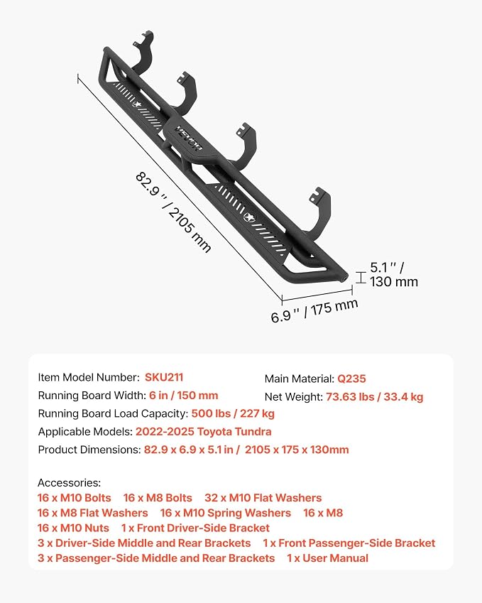 VEVOR Running Boards Compatible with 2019-2025 Chevy Silverado/GMC Sierra 1500 Crew Cab 2020-2025 Chevy Silverado/GMC Sierra 2500HD 3500HD Crew Cab,6 Inches Side Steps, Black Carbon Steel Nerf Bars