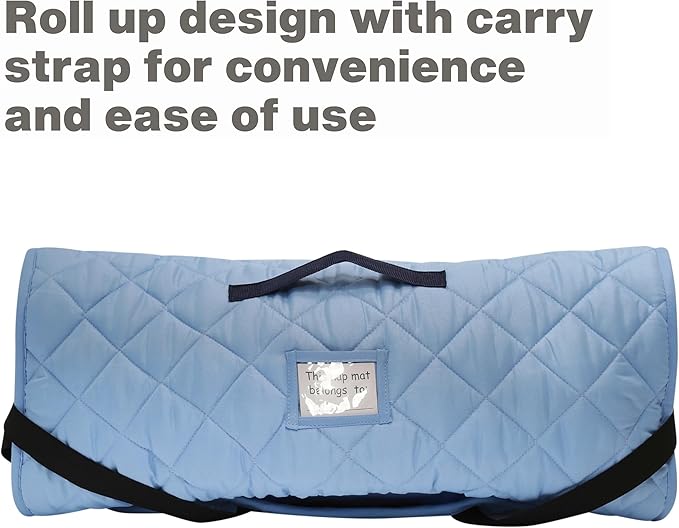 EVERYDAY KIDS Cute Preschooler and Toddler Cot Nap Mat for Home, Daycare, Preschool and Kindergarten; Easy to Roll Sleeping Mat with Elastic Straps, Pillow and Blanket