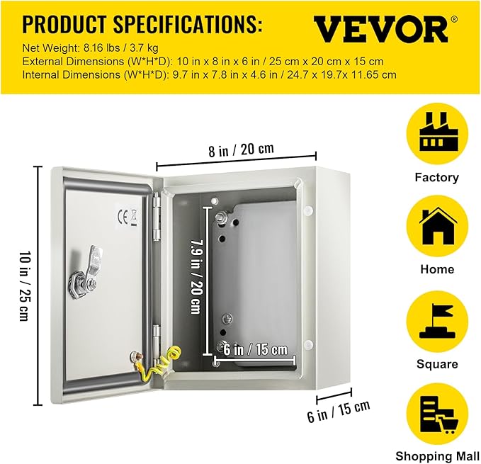 VEVOR NEMA Steel Enclosure, IP66 Waterproof & Dustproof, Outdoor/Indoor