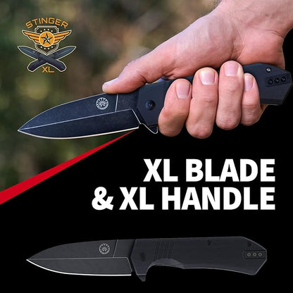 Off-Grid Knives - Stinger XL Folding Knife w. Spear Point Blade, Crucible 154CM Steel, G10 Scales, Deep Carry Clip (Blackwash)