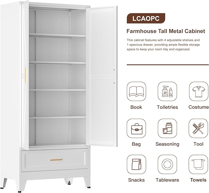 71" Tall Metal Pantry Storage Cabinet with Drawer and Adjustable Shelves, Freestanding Kitchen Cupboard Storage Cabinet for Kitchen,Dining Room, Living Room, White