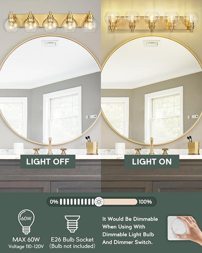 METWET Bathroom Light Fixtures, 5 Light Brushed Gold Vanity Light, 32 Inch