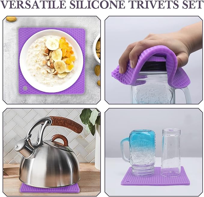 Silicone Silicone Trivet for Hot Dishes, 4 Pack Purple Heat Resistant Silicone Hot Pads Pot Holders for Kitchen Counter Non-Slip Trivets for Hot Pots and Pans, Small Dish Drying Mat & Spoon Rest