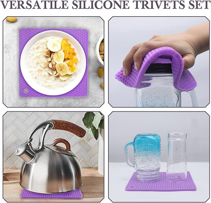 Silicone Silicone Trivet for Hot Dishes, 4 Pack Purple Heat Resistant Silicone Hot Pads Pot Holders for Kitchen Counter Non-Slip Trivets for Hot Pots and Pans, Small Dish Drying Mat & Spoon Rest