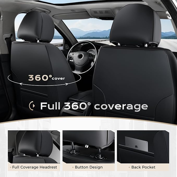 Coverado Car Seat Covers, Leather Seat Covers Full Set, Waterproof Car Seat Protector with Lumbar Support, Automotive Seat Covers Seat Cushions Universal Fit for Most Cars SUV Trucks, (Black&Beige)