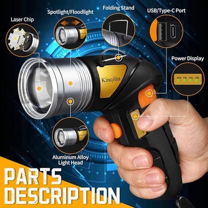 Rechargeable Spotlight with Adjustable Focus,2000LM,12H Long Lasting Handheld Spotlight with Foldable Stand Spot Lights IP67 Waterproof Outdoor for Camping Hunting Boating Emergency