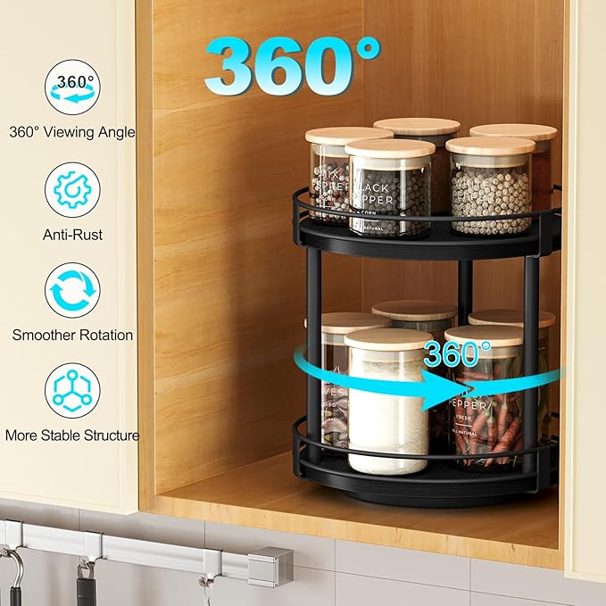 Snughome Lazy Susan Spice Rack, 2 Tier Rotating Spice Rack, Wood Lazy Susan