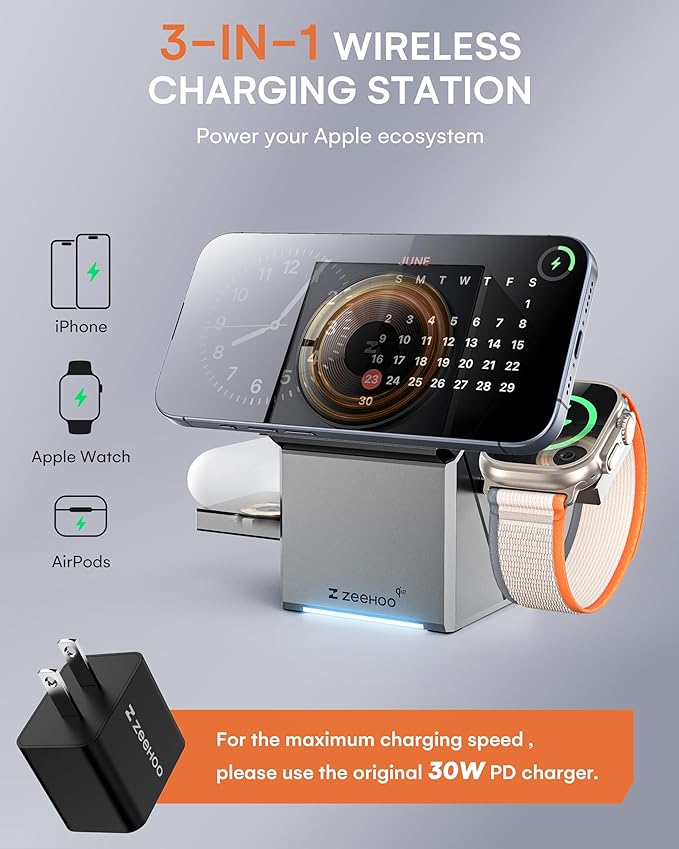 ZEEHOO 3 in 1 Charging Station for Apple, iPhone Mag-Safe Charger, Qi2 Certified