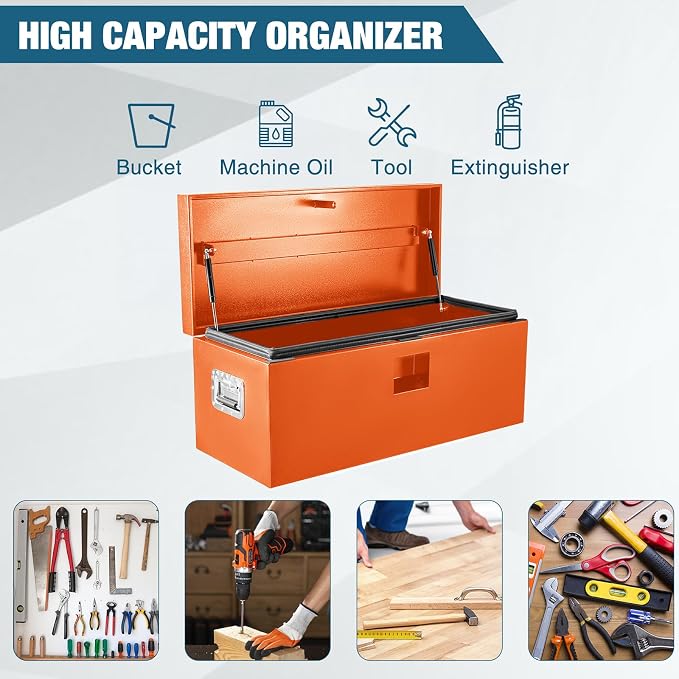 Black Steel Underbody Truck Box, Pickup Storage Box, Heavy Duty Diamond Plate Tool Box with Lock and Keys, Waterproof Trailer Storage Box (24"x 15"x 15"- Orange)