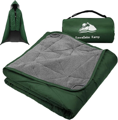 Outdoor Waterproof Blanket, Foldable Fleece Stadium Blanket for Outdoor Sports Event, Camping, Car, Pet, Picnics - Windproof, Wearable, Machine Washable 80" x 58" (Green,Hooded)