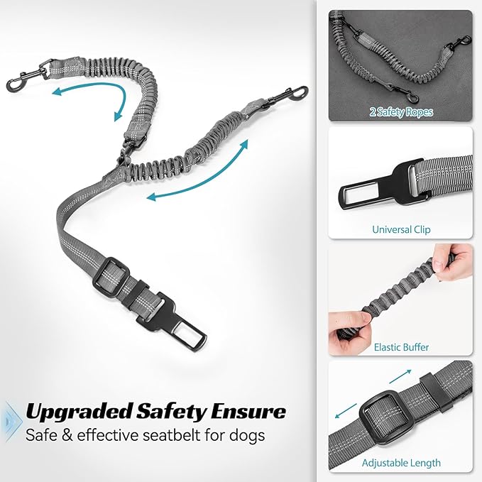 PETSFIT Dog Booster Car Seat for Small/Medium Dogs, Dog Car Seat for Medium Sized Dog with 2 Clip-On Safety Leashes and Patented Buckles, Pet Car Seat with Storage Pockets for Pets Under 45Lbs (Grey)