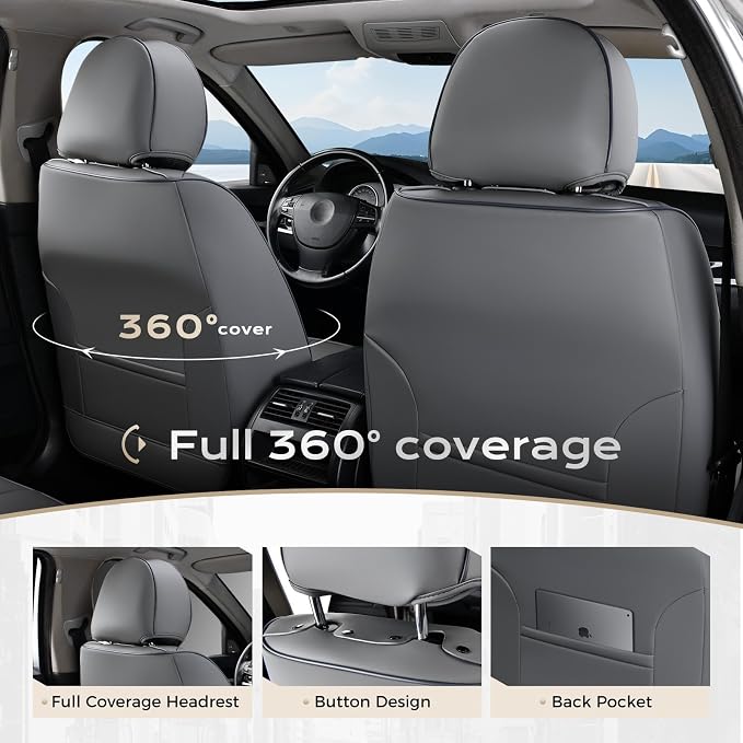 Coverado Seat Covers, Car Seat Covers Front Seats, Leather Seat Covers for Cars, Car Seat Protector Waterproof, Car Seat Cushion, Front Carseat Cover Universal Fit for Most Cars Gray-White