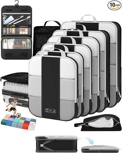 OlarHike 10 Set Compression Packing Cubes for Travel Essentials,Compressible Expandable Space Saver Bags for Organizing Clothes,Luggage Suitcase Garment Bags with Over 1000 pcs Mesh Holes(Black)