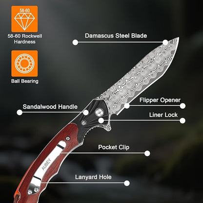 AUBEY Damascus Pocket Knife, Folding Knife with 3.43" Blade, Wooden Handle, Clip, EDC Knife for Outdoor, Hiking, Hunting, Gift/Collection for Men Women