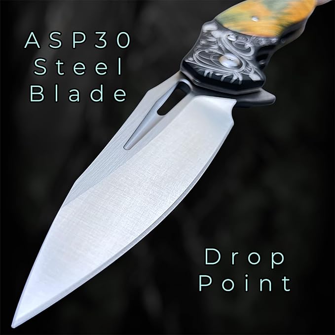 TACTICAL GEARZ Premium EDC Folding Pocket Knife, ASP30 Steel Drop Point Blade, Ball Bearing Pivot, Solidified Wood Handle, Includes Premium Leather Sheath (Narsil)