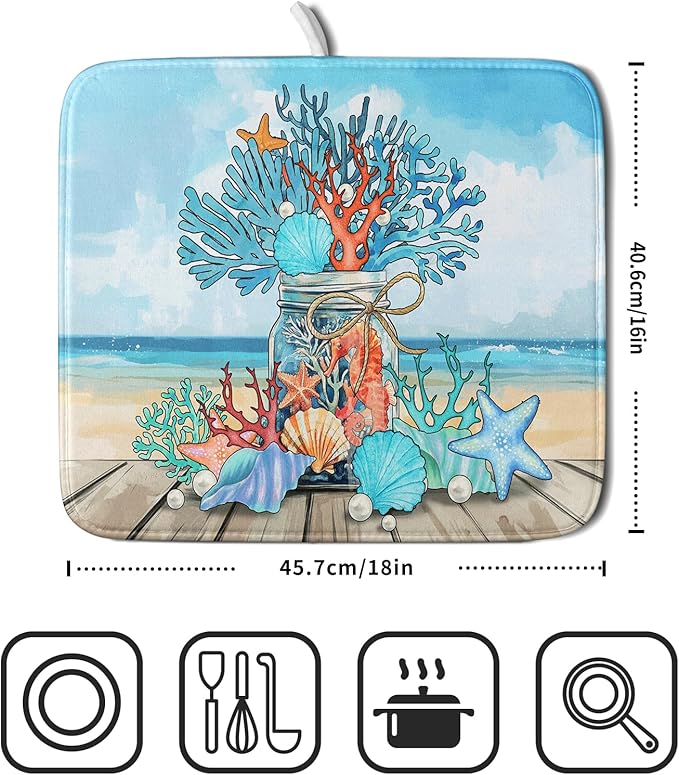 Coastal Coral Dish Drying Mat 16x18 inch Starfish Shell Fast Dry Microfiber