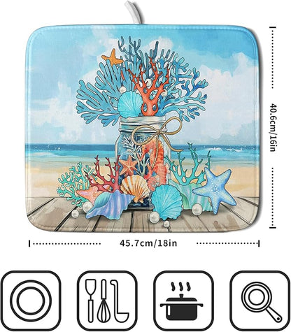 Coastal Coral Dish Drying Mat 16x18 inch Starfish Shell Fast Dry Microfiber