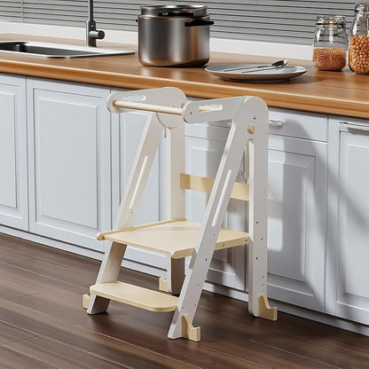 Kids Kitchen Step Stool, Foldable Toddler Tower, Height Adjustable Toddler Standing Tower with Safty Rail and Anti-Slip Device, Wooden Stool for 1.5-6 Years(White-Wood)