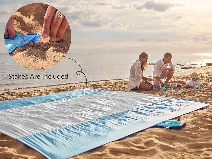 WEKAPO Beach Blanket Sandproof Waterproof, Extra Large Beach Mat, Oversized & Compact Sand Free Mat Quick Drying, Lightweight & Durable with Stakes & Corner Pockets