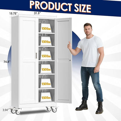 75" H Metal Garage Storage Cabinet, Rolling Tool Cabinet