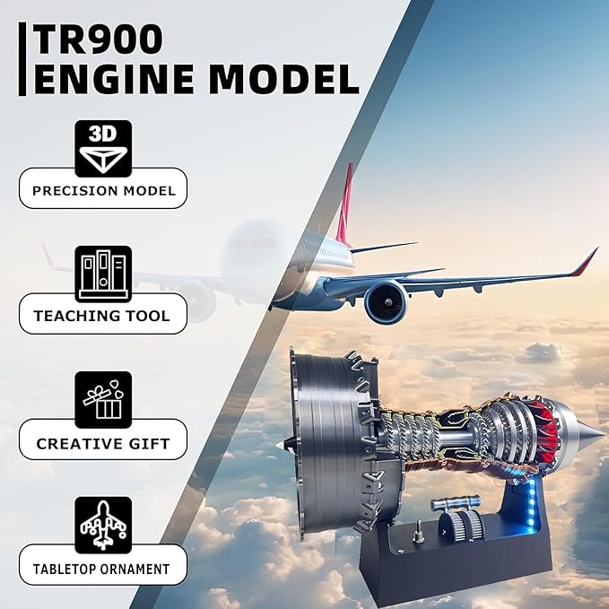 Turbofan Engine Model Kit, Adjustable Speed TR900 Aircraft Turbojet Model With Light, DIY Mechanical Science Education Toy Gift Decor for Adult, 28cm