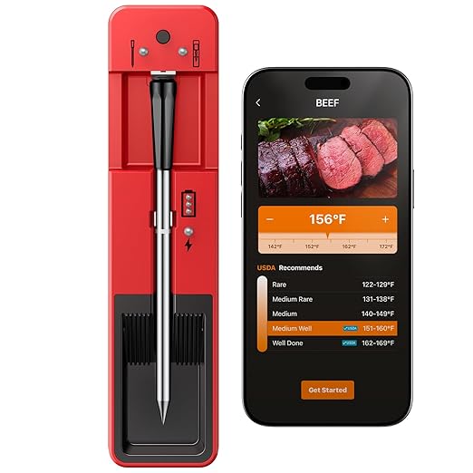 Smart Wireless Meat Thermometer with Ultra-Thin Probe, 6 Sensors Accuracy Digital Food Thermometer 0.5S Instant Read, IP67 Waterproof for BBQ, Grill, Smoker, Oven, Air Fryer,Red