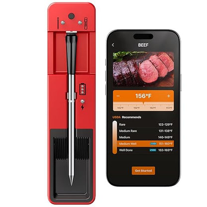 Smart Wireless Meat Thermometer with Ultra-Thin Probe, 6 Sensors Accuracy Digital Food Thermometer 0.5S Instant Read, IP67 Waterproof for BBQ, Grill, Smoker, Oven, Air Fryer,Red