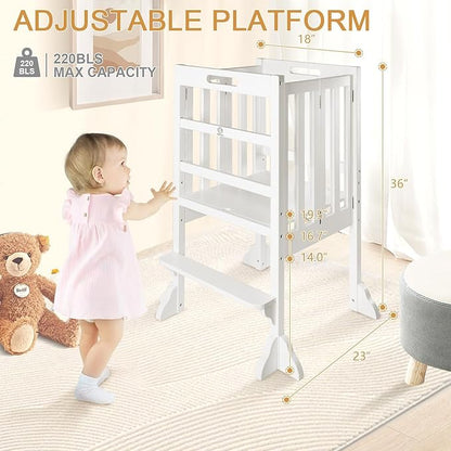 WOOD CITY Kitchen Step Stool Helper - Montessori Foldable Standing Tower for Toddlers with Safety Rail, Height Adjustable Ideal Helper for Learning New Skills, Natural Pure Pine Wood (White)